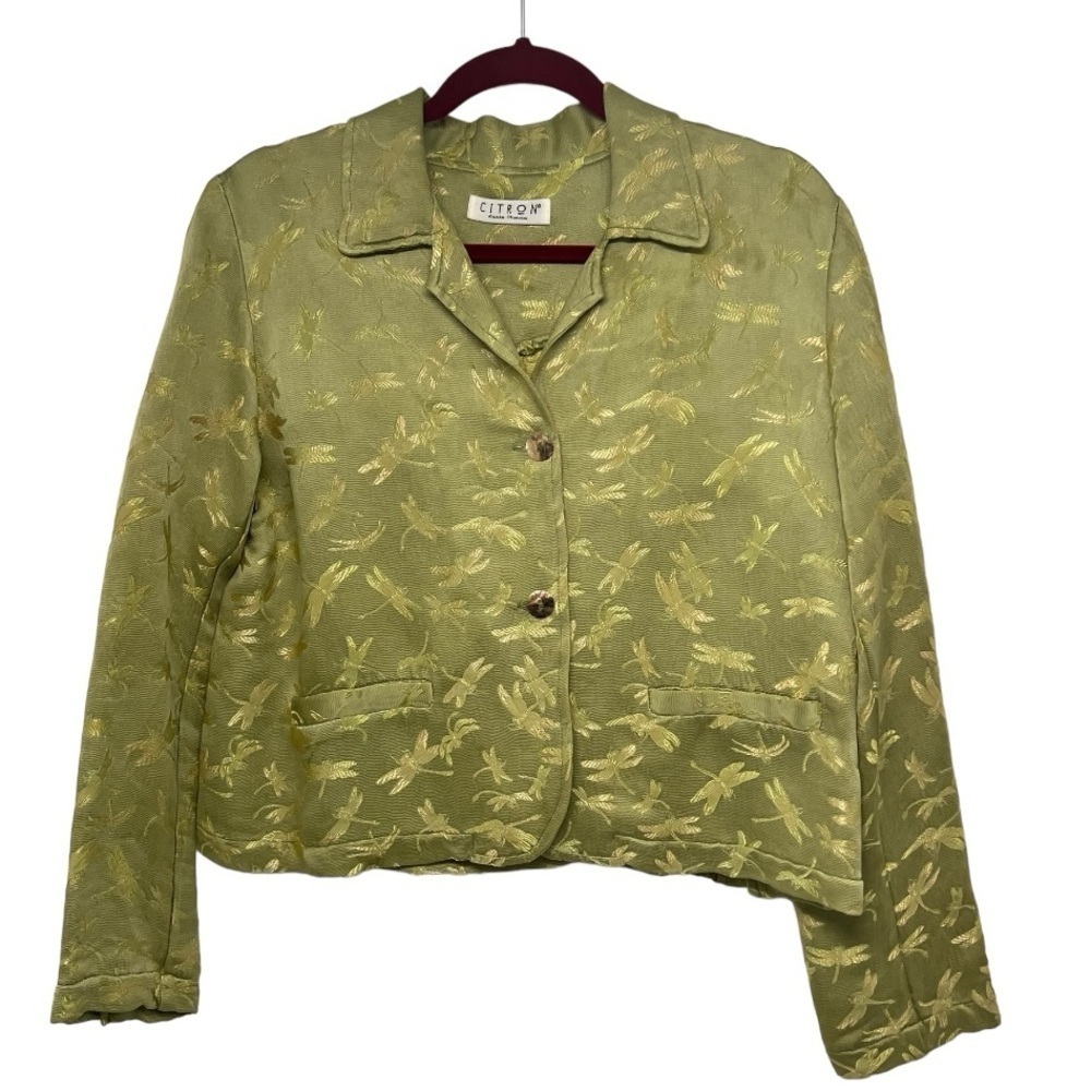 Citron Santa Monica Green Dragonfly Print Collared Button Front Jacket Medium - Picture 12 of 12